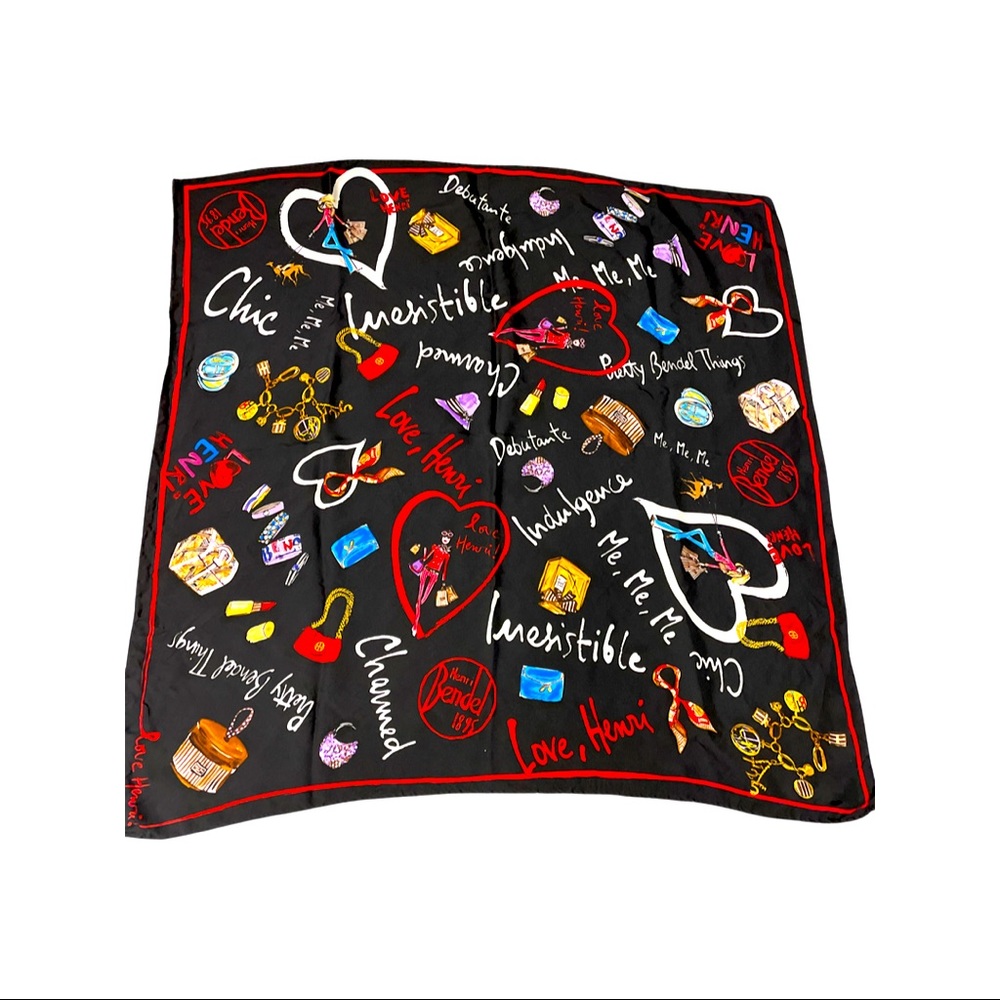 Henri Bendel Silk Acarf with classic logos, brown and white signature detailing